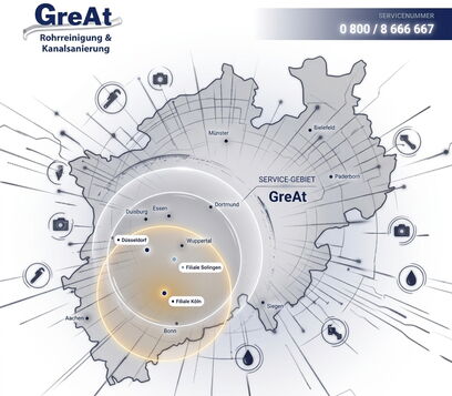 Übersichtskarte des Einsatzgebiets der GreAt Rohrreinigung in Köln, Leverkusen, Düsseldorf und der Großregion.